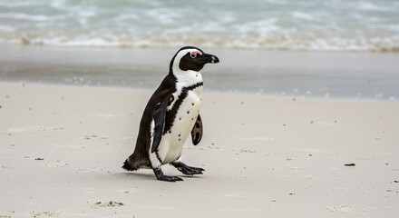 Fototapeta premium Penguin Walking on Sandy Beach Near Ocean Water