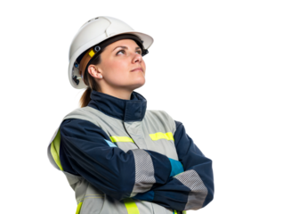 Worker in safety gear looking thoughtfully upwards at a site