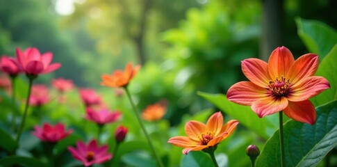 Obraz premium Exotic flowers blooming in a lush green garden, flowers, foliage