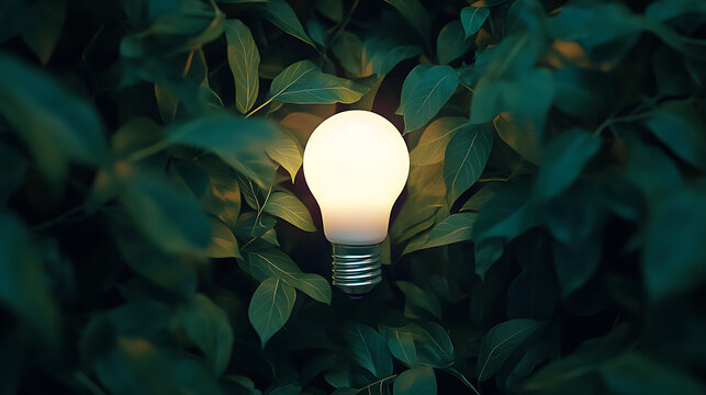 Glowing Light Bulb in Lush Green Foliage - Concept of Green Energy and Sustainability