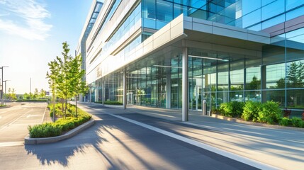 A modern hospital building with a sleek glass facade and a spacious entrance area