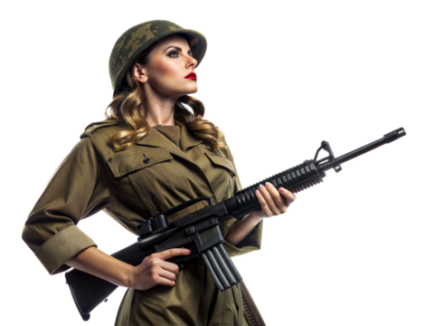 Soldier in military uniform poses confidently with rifle