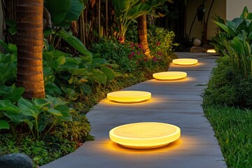 Fototapeta premium Soft yellow light illuminates round pathway lights embedded in a stone walkway, surrounded by lush tropical greenery at dusk