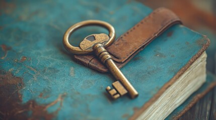 Antique key resting on a weathered journal