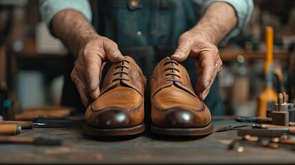 Skilled cobbler carefully inspecting a pair of brown leather dress shoes.