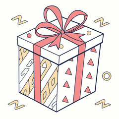 Isometric Gift Box Vector With Ribbon And Geometric Shapes Illustration