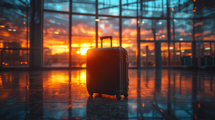 Stylish Suitcase Awaits Departure at Sunset Airport. ai generated