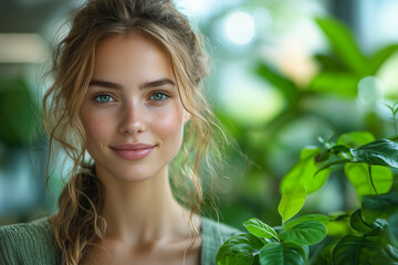Fototapeta premium Portrait of woman with leafy environment