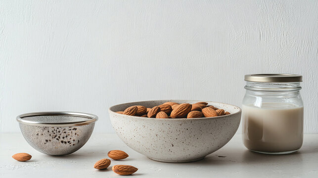 Homemade almond milk recipe with almonds in bowl and jar on white background for healthy vegan diet