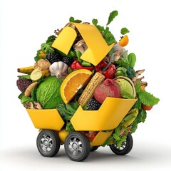 A vibrant yellow recycling symbol with wheels is overflowing with fresh fruits, vegetables, and greenery, set against a clean white background. The