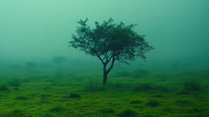 Obraz premium Peaceful solitude of a lone tree in a foggy field reflecting a moment of tranquility in nature's embrace