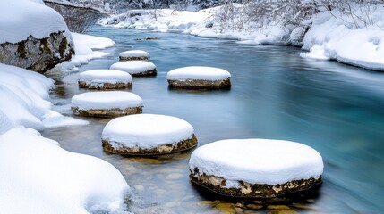 Snow covered stepping stones in a clear, teal river. Winter scene with snowy banks and tranquil atmosphere. Peaceful and serene winter landscape