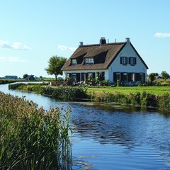 Fototapeta premium Tranquil Dutch Waterside Cottage Scene under a Bright Blue Summer Sky