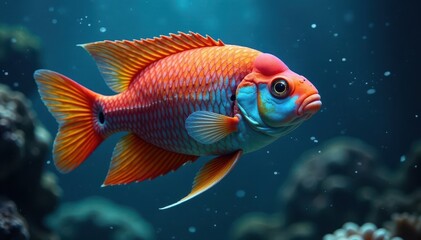 Fish with vibrant red and blue scales swimming freely underwater, underwater scene, marine life