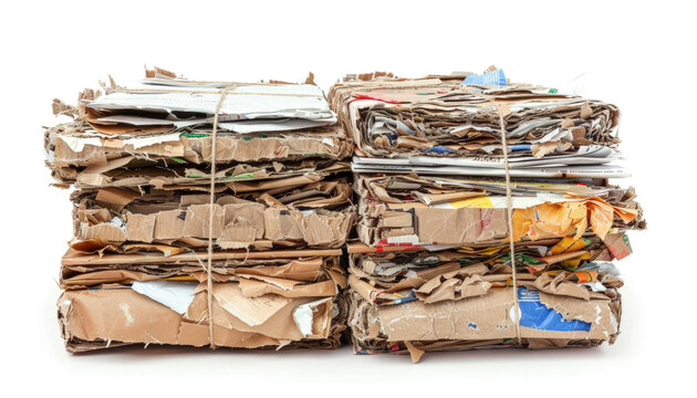 Stacks of compressed cardboard and paper ready for recycling, isolated on white background, emphasizing waste management, sustainability and environmental responsibility.