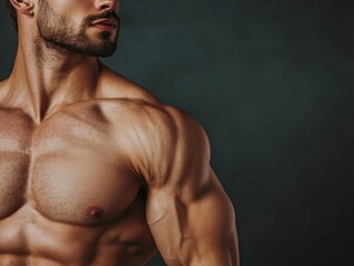 Muscular Man's physique: A close-up, capturing the sculpted physique of a well-built man, defined by toned muscles and a rugged, masculine look.