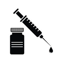 Vector medical icon of pandemic vaccine ampule and syringe. Illustration of COVID 19 vaccine and syringe. Antiviral vaccine graphic