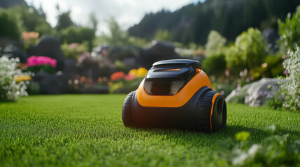 Robotic lawn mower backyard gardening technology natural setting close-up view smart lawn care