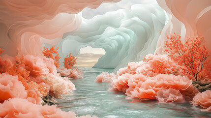 Serene landscape of vivid formations and flowing water in a tranquil environment at dusk  landscape, nature, water, formations, flora, tranquility, dusk, pastel, coral, retreat