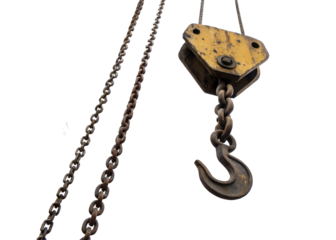 Heavy duty hook and pulley system with chains in construction setting