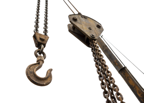 Crane hook and chains for heavy lifting at construction site - Powered by Adobe