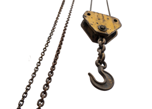 Heavy duty hook and pulley system with chains in construction setting