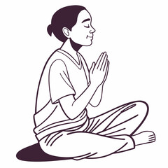 Meditating Woman In Lotus Position Hands Together In Outline Style Vector