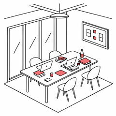 Isometric Office Space With Laptops Books And Chairs For Teamwork And Collaboration