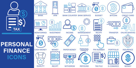 Personal finance icons vector set, outline style personal finance icons vector set isolated on white background.