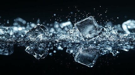 Frozen cubes create a dramatic splash in water.