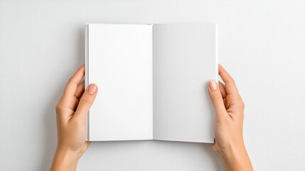 Blank Notebook Mockup: Open Book Held by Hands on White Background