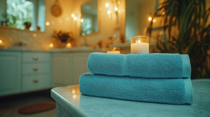 Relaxing bathroom scene with candles and towels