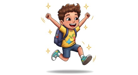 Boy of backpack on the back celebrating
