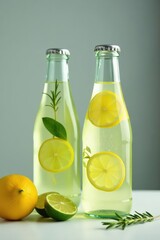 Refreshing lemon lime water bottles, rosemary, fruit Grey background , grey, summer, vitamin c
