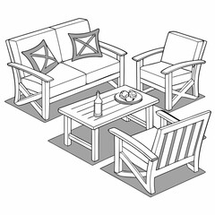 Outdoor Furniture Set Line Art With Cushions And Tabletop Refreshments Illustration