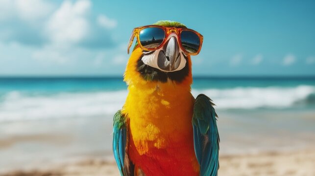 A colorful parrot wearing sunglasses stands on a beach