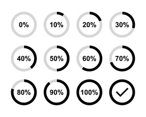 Loading circles. Progress circles from 0 to 100 percent