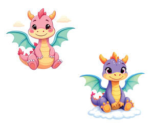 Vsai two cute cartoon dragons flying and sitting on a cloud