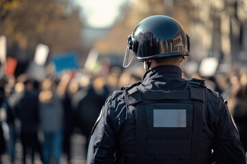Police officer monitoring peaceful protest gathering in urban setting