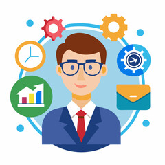 Business Analyst With Gears Clock And Growth Chart Flat Vector Illustration