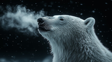 Polar bear breathes in chilly Arctic air during a snowy winter day  polar, bear, arctic, snow, winter, wildlife, nature, cold, breath, habitat, wilderness, ice, northern, frost, animal, mammal,