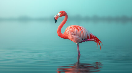 Flamingo wading gracefully in tranquil waters during the early morning light  flamingo, wading, water, morning, wildlife, nature, tranquil, pink, bird, habitat