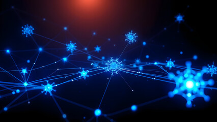 Fototapeta premium Abstract cosmic AI network with floating cobalt blue data nodes and star-like connections, dark space backdrop with subtle particle glow, 8K ultra HD quantum tech aesthetic