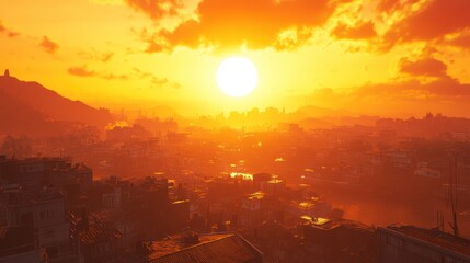 Urban Dawn: A Hazy Sunrise Over the Cityscape, Bathed in Golden Light