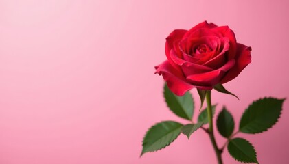 Naklejka premium Single red rose bloom, green leaf, soft pink background, macro, pastel