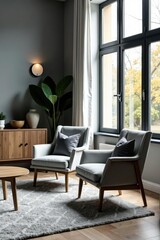 Fototapeta premium Stylish grey living room, armchairs by window, living space, home style