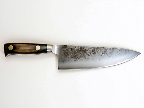 Isolated sharp kitchen knife with a steel blade, black handle, a useful metal utensil for cutting, on a white background