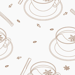 Editable Outline Three-Quarter Top View Cup of Masala Chai with Star Anise and Herb Spices Vector Illustration Seamless Pattern for Background of Beverages With South Asian Culture and Tradition