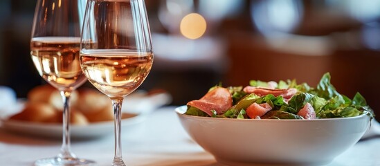 Elegant dining scene with blush wine and vibrant green salad presentation