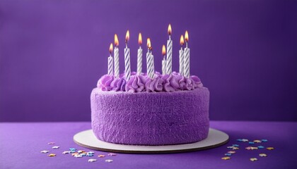 purple birthday cake with burning candles on purple  background